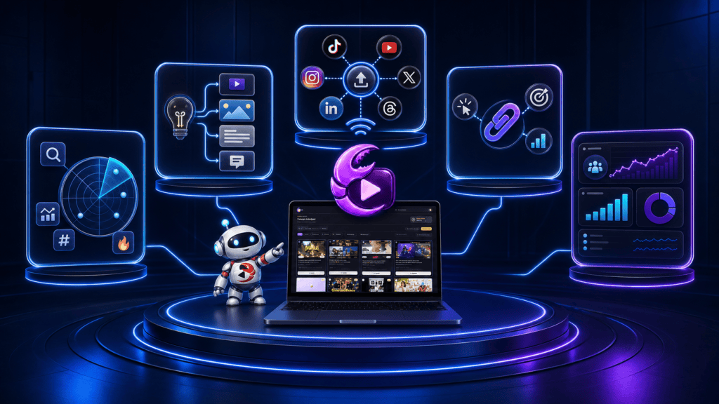 ContentClaw features showing trend research, AI content creation, automated publishing, link tools, and performance tracking